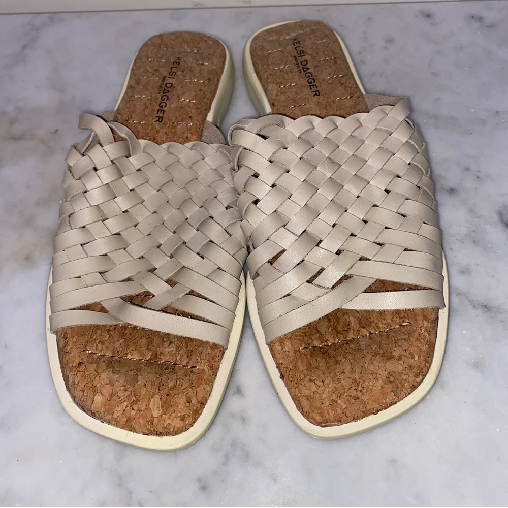 KELSI DAGGER Tide Woven Flat Slide Sandal Womens 8.5 Cream Comfort Cork Footbed